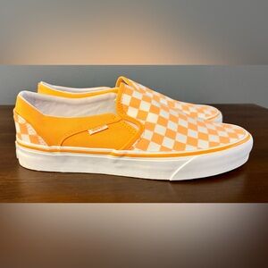 Vans • Orange And Cream Check Classic Slip Ons - Women’s 9.5 / Men’s 8.0